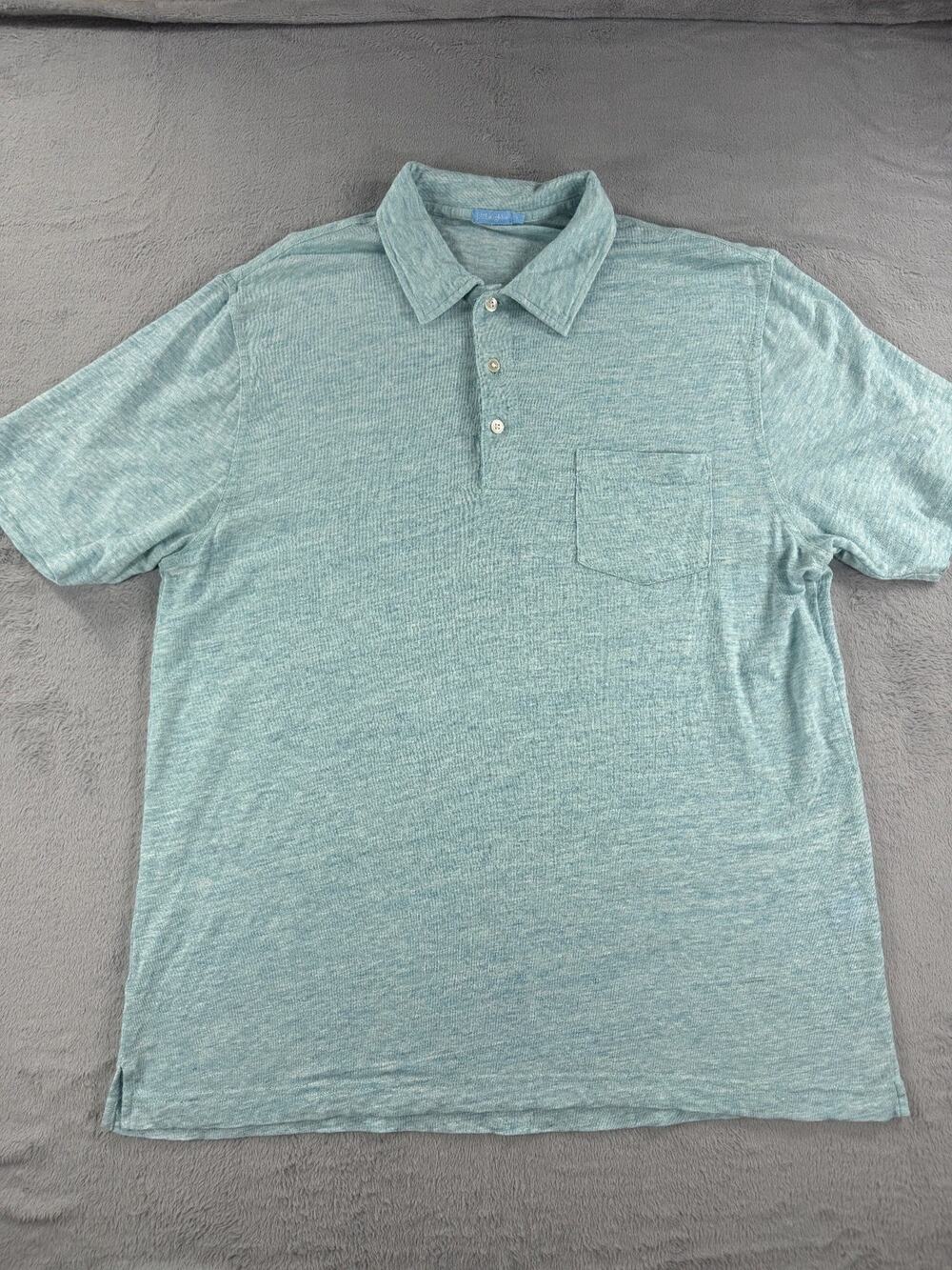 J.McLaughlin Men's Large L Linen Blend Short Sleeve Polo Shirt Heather Blue Aqua
